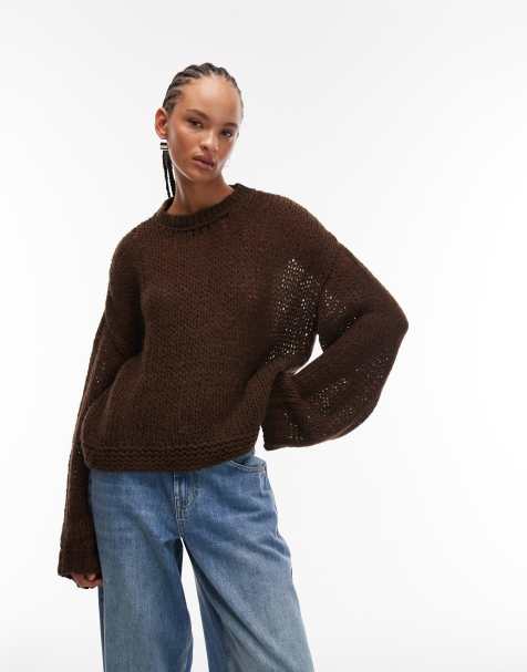 ASOS DESIGN open stitch knit wide sleeve sweater in chocolate brown - view 1