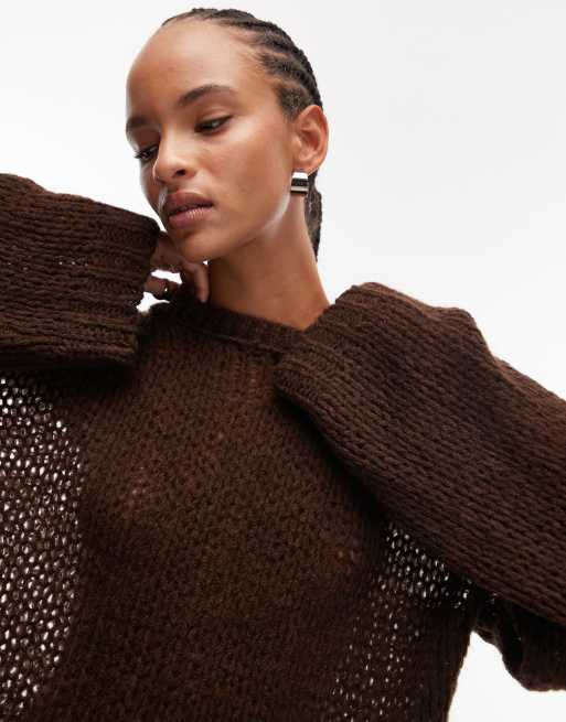 ASOS DESIGN open stitch knit wide sleeve sweater in chocolate