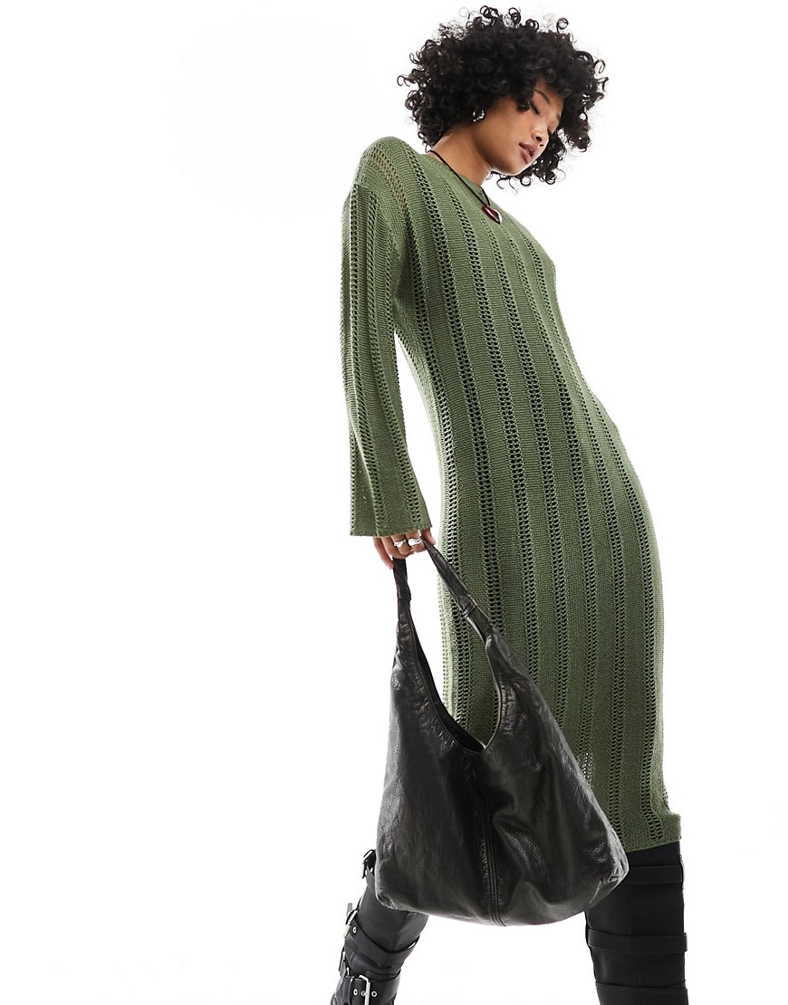 open stitch knitted midi dress in khaki-Green