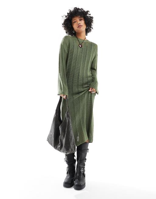 ASOS DESIGN open stitch knitted midi dress in khaki | ASOS