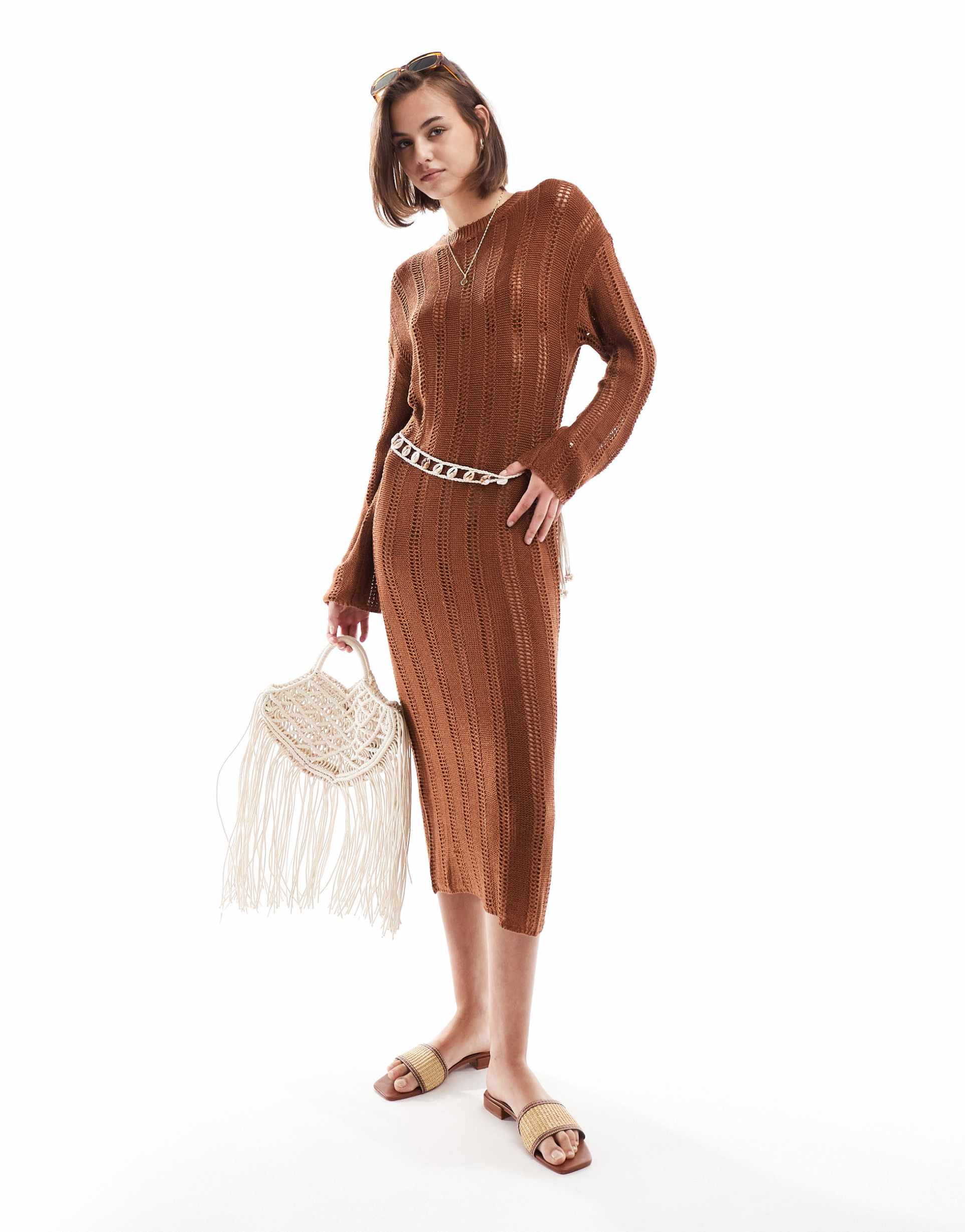 asos design open stitch knitted midi dress in toffee