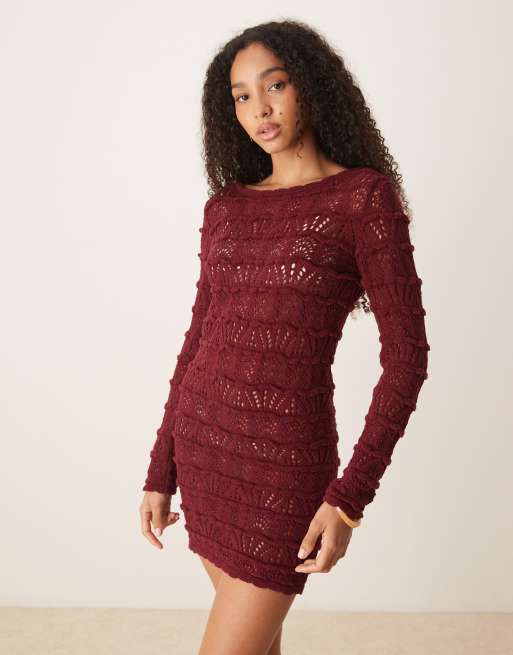 ASOS DESIGN open stitch knitted mini dress with long sleeves in burgundy, 4 of 4