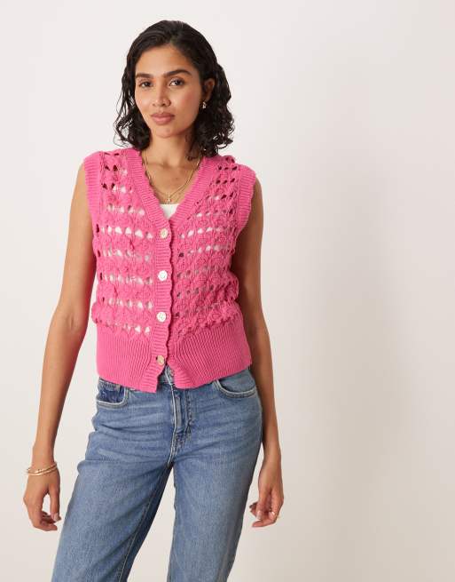 ASOS DESIGN open stitch knitted waistcoat with scallop trim and silver buttons in pink 