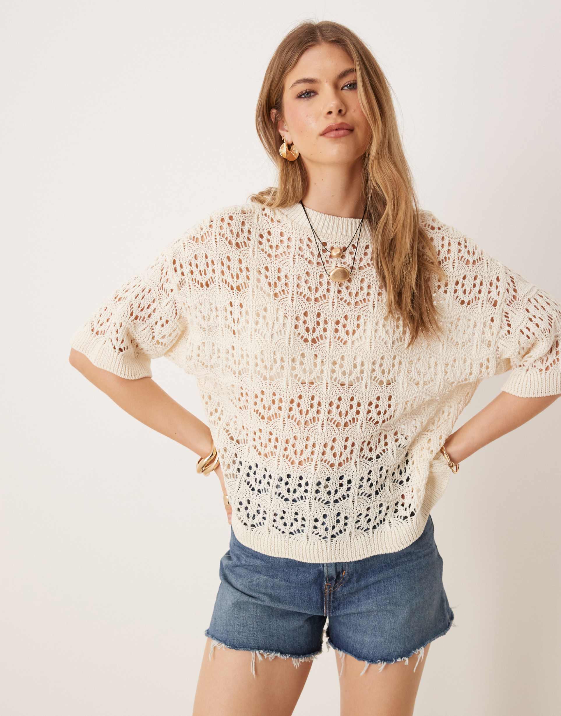 asos design open stitch relaxed t-shirt in ecru