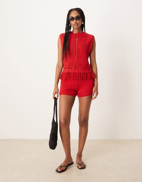 ASOS DESIGN open stitch shorts co-ord in red - view 1