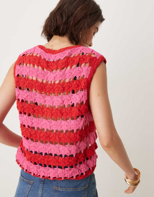 ASOS DESIGN open stitch striped tie front knit vest in multi, 3 of 4