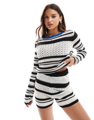 Asos Design Open Stitch Sweater With Contrast Blue Trim Detail In Mono-multi