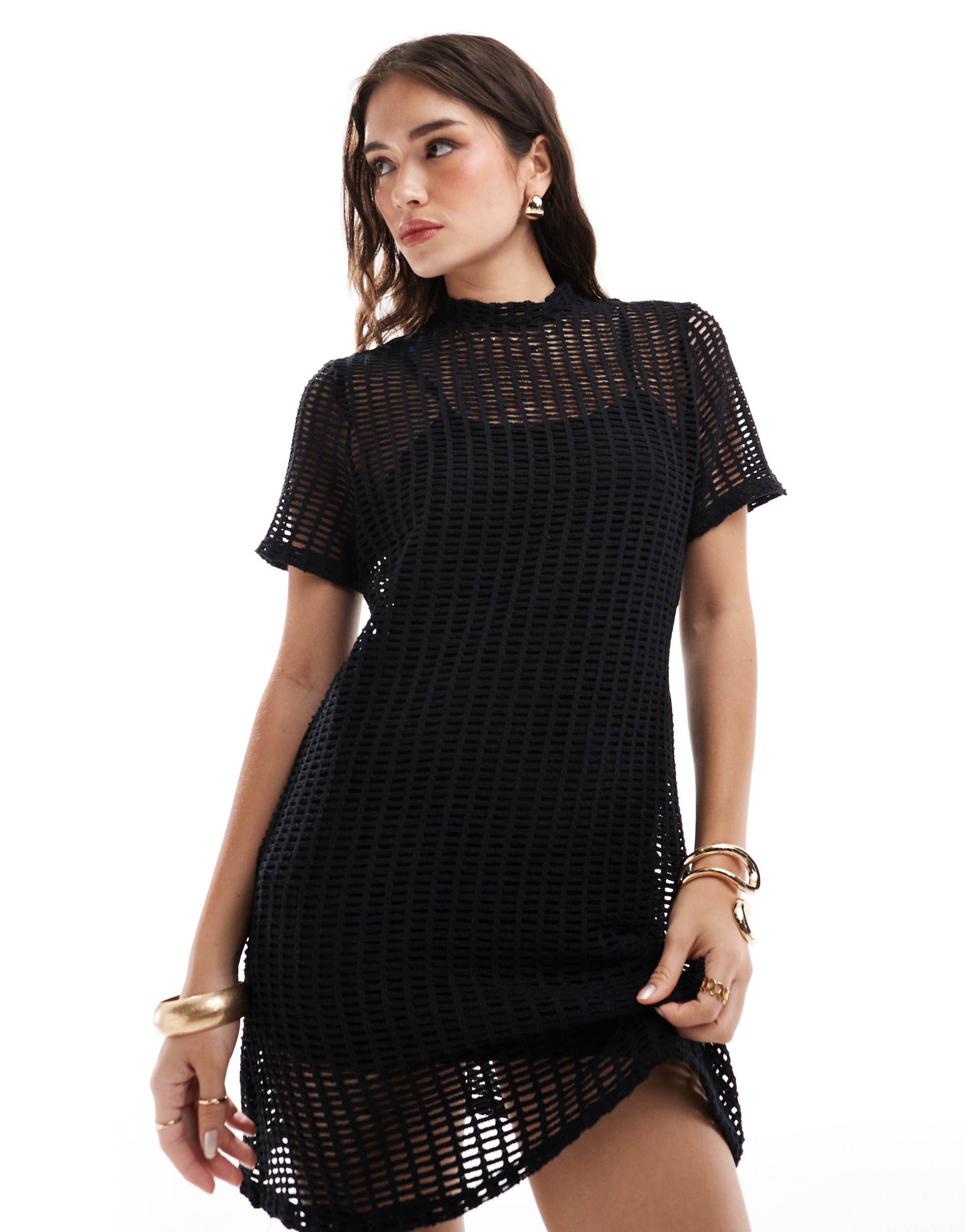 asos design open stitch t-shirt mini dress in black