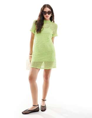 ASOS DESIGN open stitch t-shirt mini dress in bright green-No colour