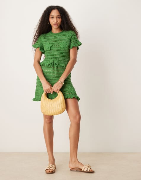 ASOS DESIGN open stitch t-shirt & mini skirt with crochet applique co-ord in khaki - view 1