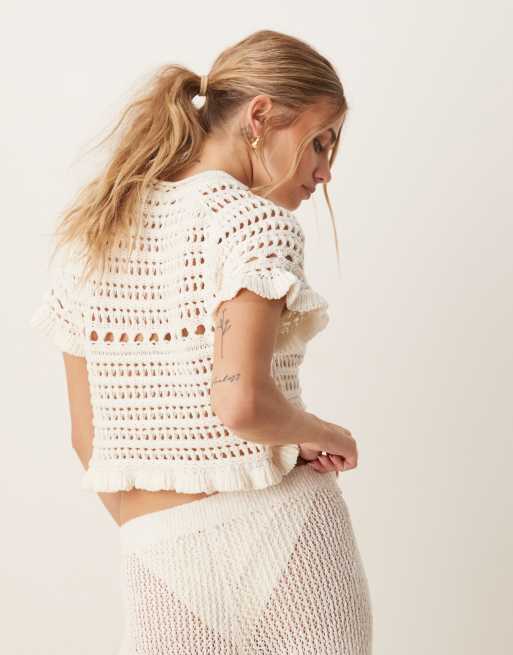 ASOS DESIGN open stitch t-shirt with shell crochet patches in straw