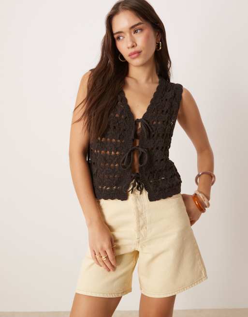 ASOS DESIGN open stitch tie front knitted waistcoat in chocolate