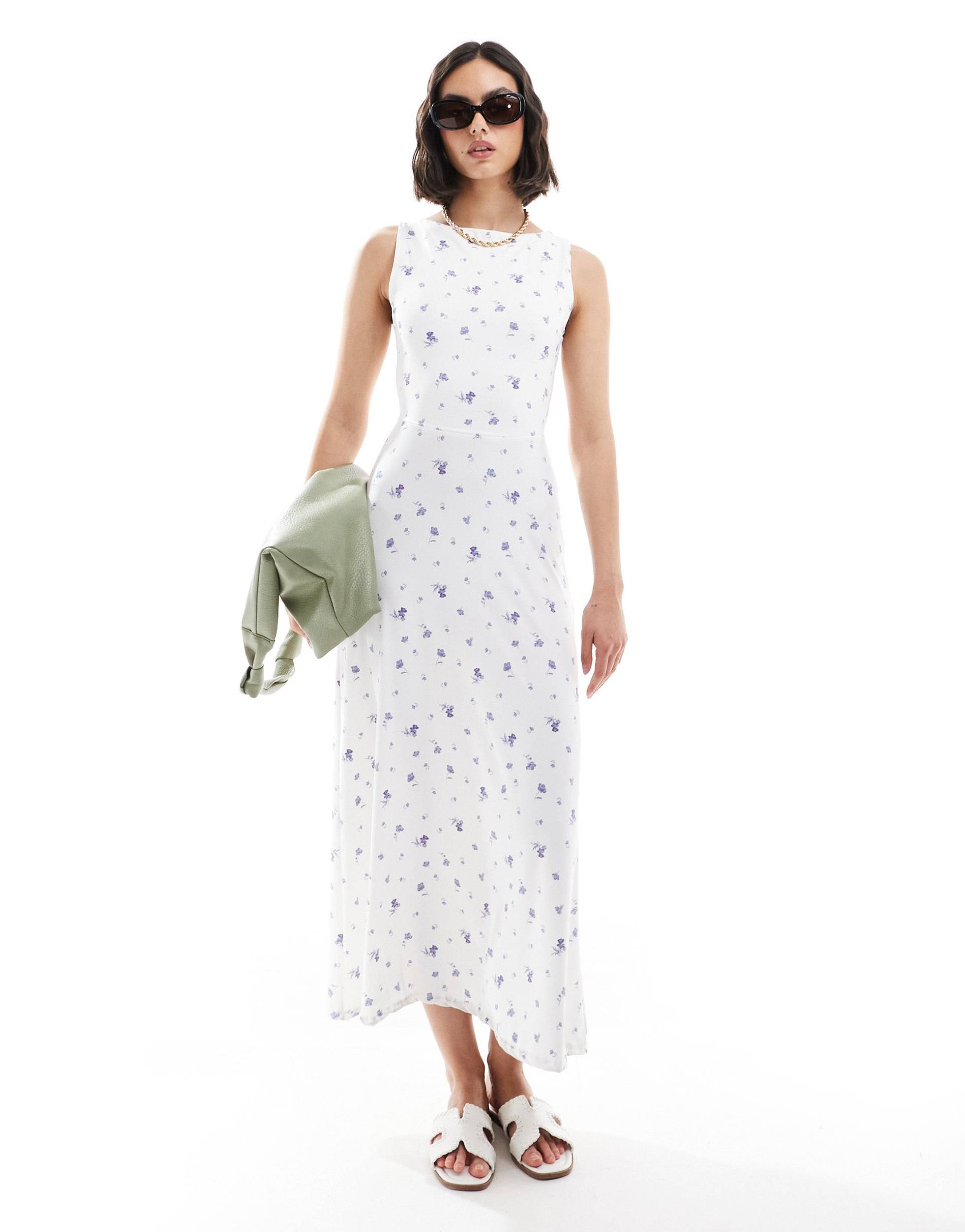 asos design open strappy back a-line midi dress with full skirt in ditsy print