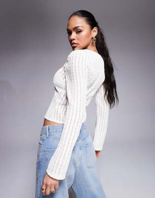 ASOS DESIGN OPEN TEXTURE SQUARE NECK FLARE SLEEVE TOP 