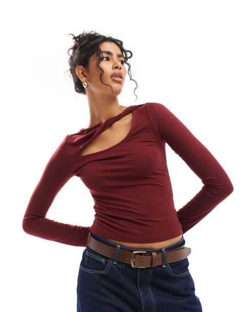ASOS DESIGN open twist detail long sleeve top in burgundy - view 1