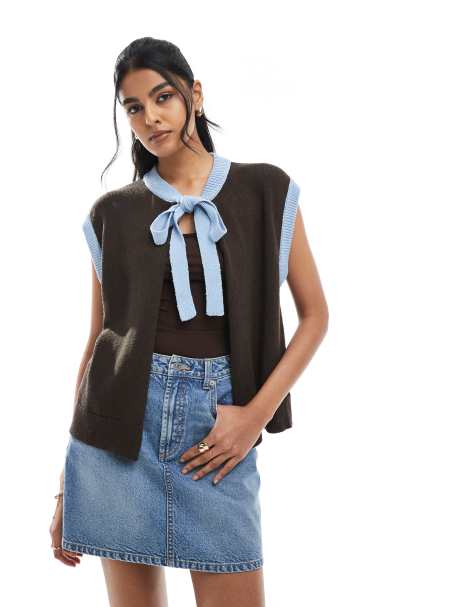 ASOS DESIGN - Open vest met gestrikte hals in bruin - view 1