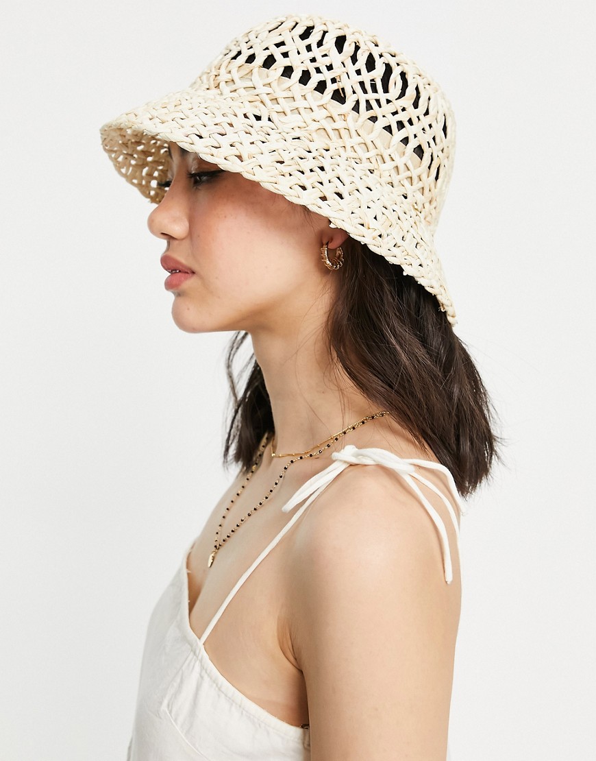 ASOS DESIGN open weave straw bucket hat with size adjuster in natural-Brown