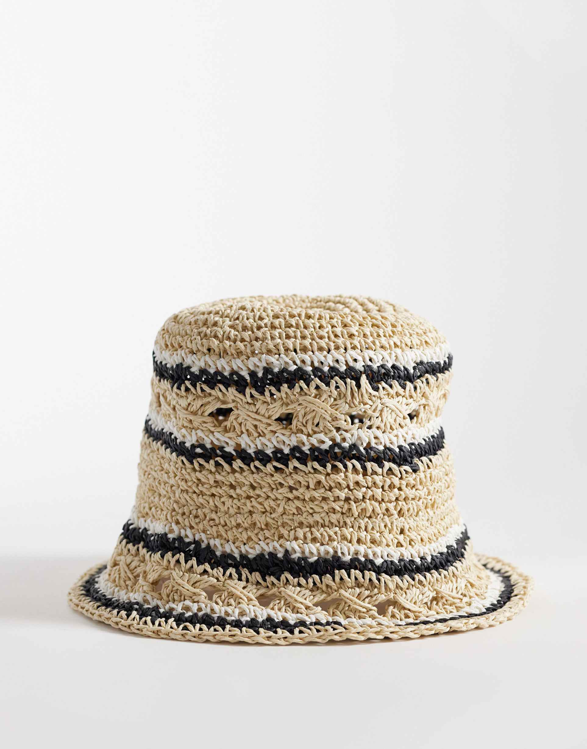 asos design open weave straw packable bucket hat in striped natural