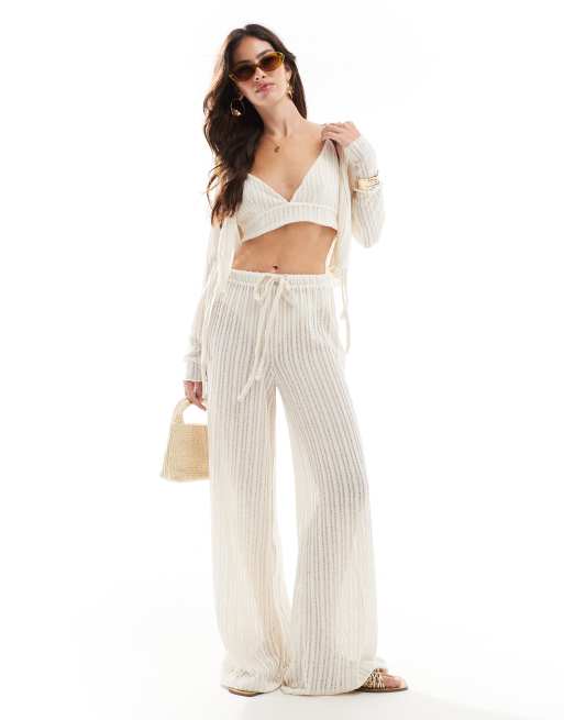 ASOS DESIGN - Opengewerkte broek met wijde pijpen in stone, deel van co-ord set