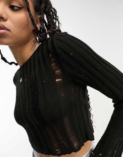 ASOS DESIGN - Opengewerkte, doorschijnende cropped trui in zwart