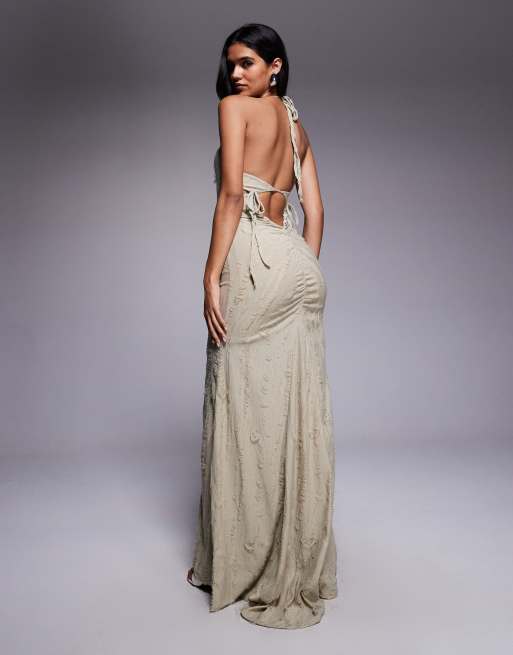 ASOS DESIGN - Opengewerkte maxi-jurk met textuur en gestrikte achterkant in stone, 3 van 4