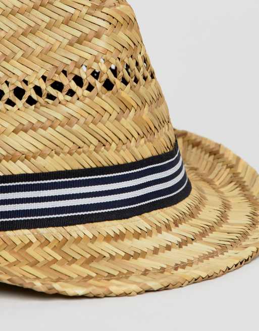 ASOS DESIGN - Opengeweven strooien hoed met marineblauwe streep band, 3 van 4