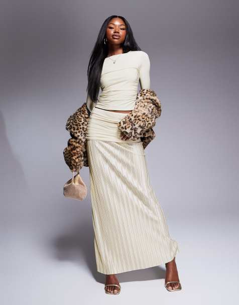 ASOS DESIGN co-ord slinky dropped waist plisse maxi skirt in ivory