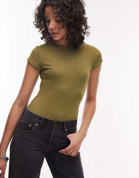 ASOS DESIGN – Opinające body z krótkimi rękawami z poliamidu w kolorze khaki - view 1