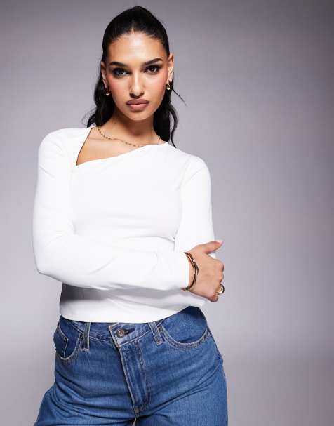 ASOS DESIGN slash neck slinky long sleeve top in ivory