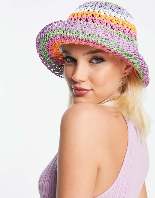 ASOS DESIGN - Opvouwbare, gehaakte bucket-strohoed met verstelbare maat in regenboog 