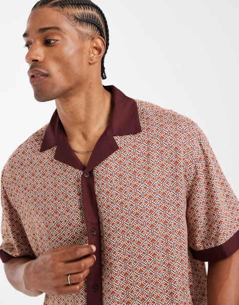 ASOS DESIGN – Orange, avslappnad skjorta med platt krage och geometriskt mönster, del av set - view 1