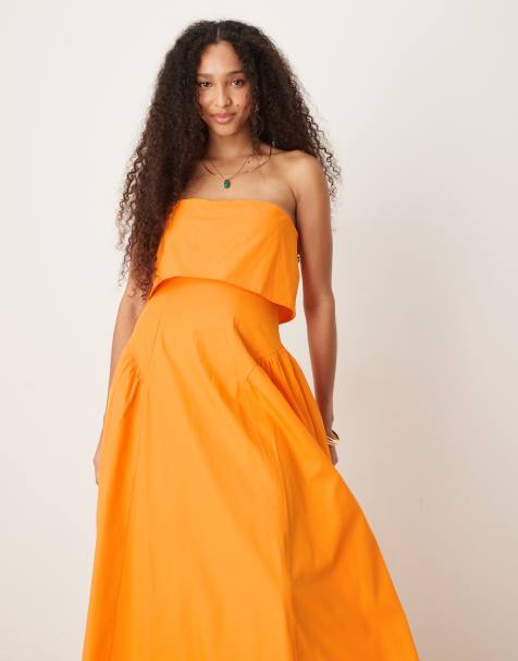 ASOS DESIGN - Orange bandeau-midikjole med foldet kant og kiler - view 1