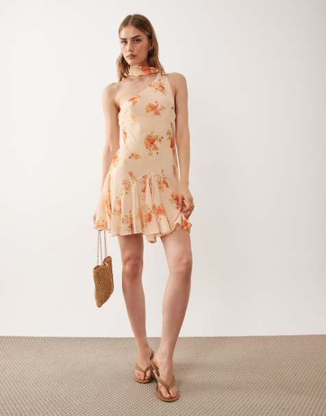 ASOS DESIGN – Orange, blommig, enaxlad miniklänning med scarf - view 1
