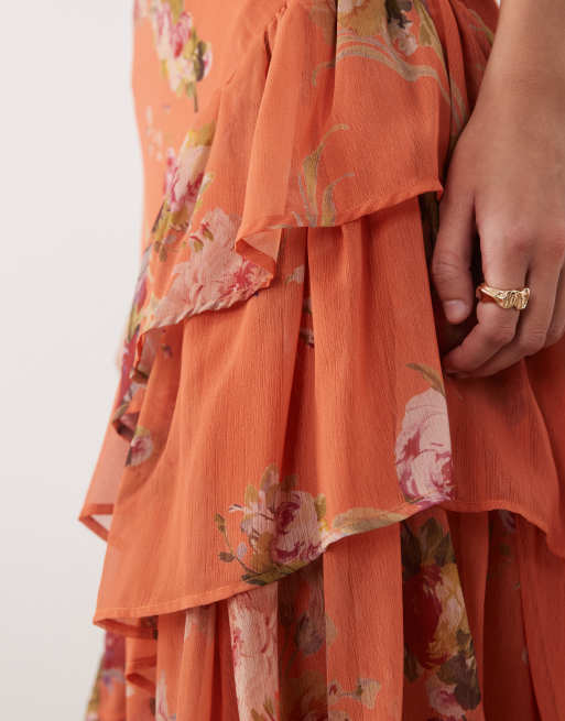 ASOS DESIGN - Orange cami-maxikjole med flæsekant forneden og blomsterprint, 3 af 4