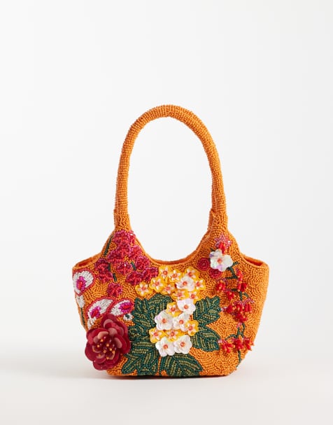 ASOS DESIGN - Orange clutch-taske med bucket-design og blomsterudsmykning - view 1