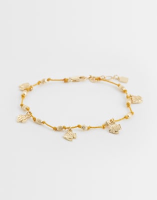 Asos Design Orange Cord Anklet With Fish Charms In Gold