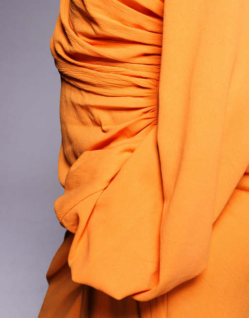 ASOS DESIGN – Orange, draperad maxiklänning med textur, långa ärmar och slits, 3 av 4