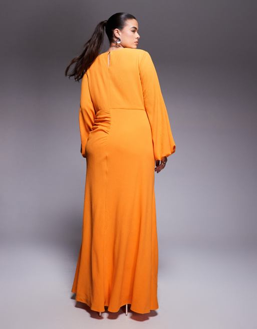 ASOS DESIGN – Orange, draperad maxiklänning med textur, långa ärmar och slits, 4 av 4