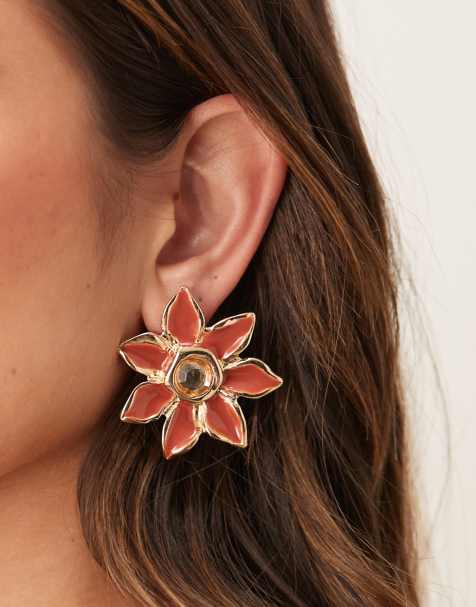 ASOS DESIGN - Orange/guldfarvede ørestikker med stort blomsterdesign - view 1