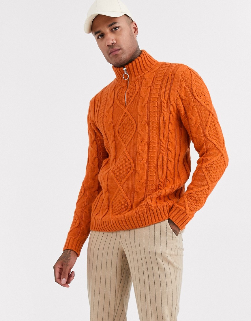 ASOS DESIGN – Orange kabelstickad tröja med halv dragkedja