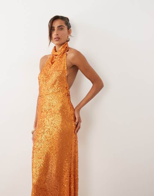 ASOS DESIGN – Orange, matt, skir maxiklänning med halterneck och paljetter, 3 av 4