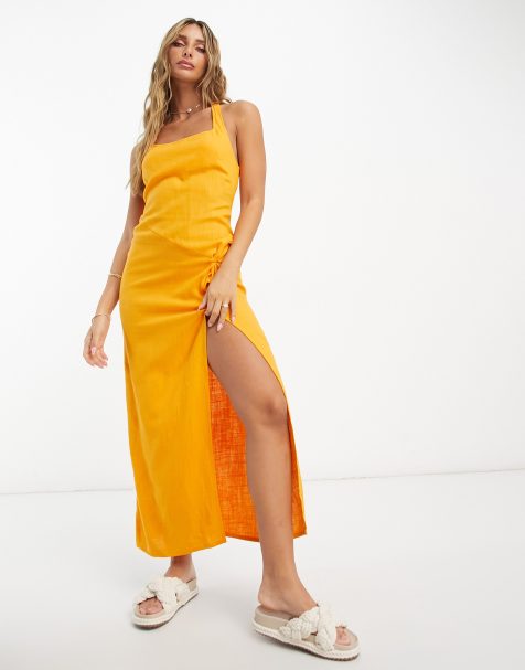 ASOS DESIGN - Orange maxi-solkjole i hør med dyb rund hals og halter-design og knudedetalje - view 1
