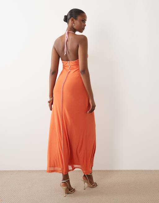 ASOS DESIGN - Orange maxikjole med dyb rund hals og halterneck i mesh, 2 af 4