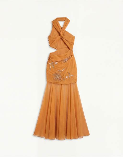ASOS DESIGN - Orange maxikjole med halterneck og udsmykket blomstermønster, 6 af 7