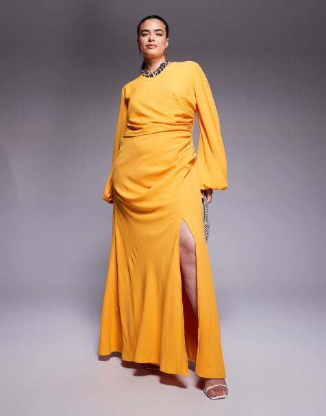 ASOS DESIGN - Orange maxikjole med lange ærmer, drapering, tekstur og slids - view 1