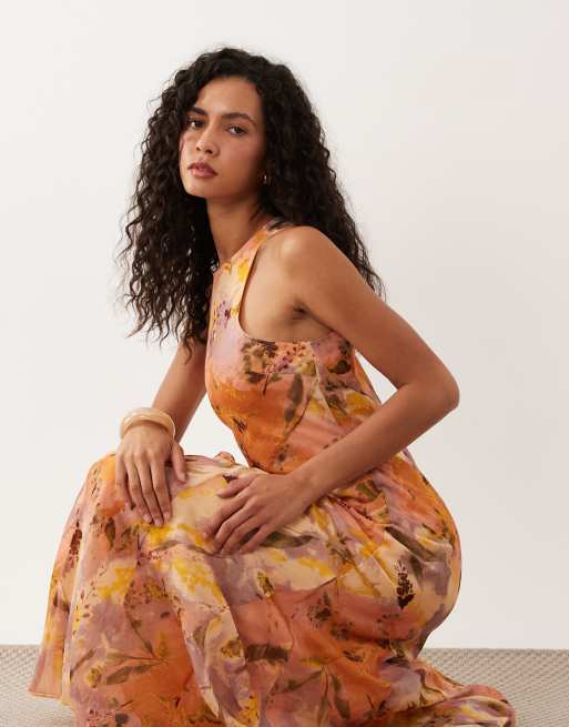 ASOS DESIGN - Orange maxikjole med racerhals og kiler i abstrakt print, 2 af 4
