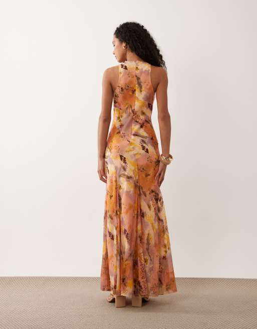 ASOS DESIGN - Orange maxikjole med racerhals og kiler i abstrakt print, 4 af 4