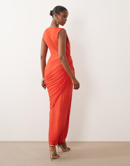 ASOS DESIGN – Orange maxiklänning i mesh med djup urringning och indragen detalj, 3 av 4