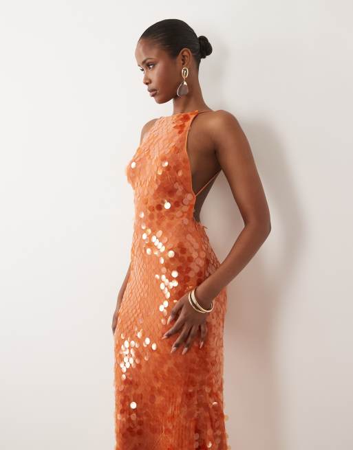 ASOS DESIGN – Orange maxiklänning med runda paljetter, smala axelband och bar rygg, 3 av 4