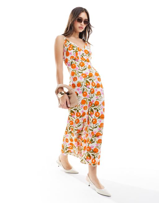 ASOS DESIGN - Orange midikjole med høje spidser og frugtprint